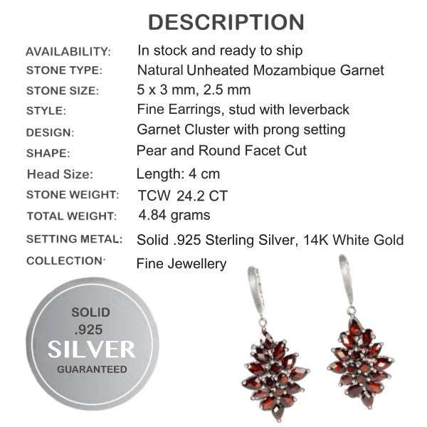 Deluxe Natural Deep Red Mozambique Garnet Gemstone Solid .925 Silver White Gold Earrings - BELLADONNA