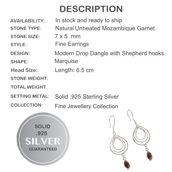 Natural Mozambique Garnet Gemstone Solid .925 Silver Earrings - BELLADONNA