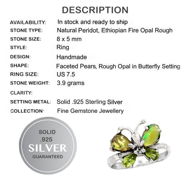 Natural Ethiopian Fire Opal Rough Peridot Gemstone Solid .925 Sterling Silver Size US 7.5 - BELLADONNA