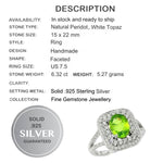 Natural Peridot, White Zirconia Gemstone Solid .925 Silver Ring Size US 7.5 - BELLADONNA