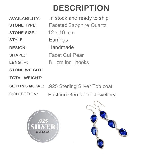 Stunning Sapphire Blue Quartz Gemstone 925 Silver Earrings - BELLADONNA