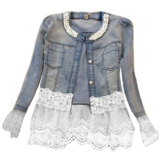 Beaded Stitching and Lace Fashion Denim Jacket Size S-5XL - BELLADONNA