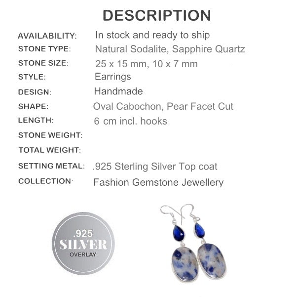 Natural Oval Sodalite, Sapphire Quartz .925 Silver Earrings - BELLADONNA