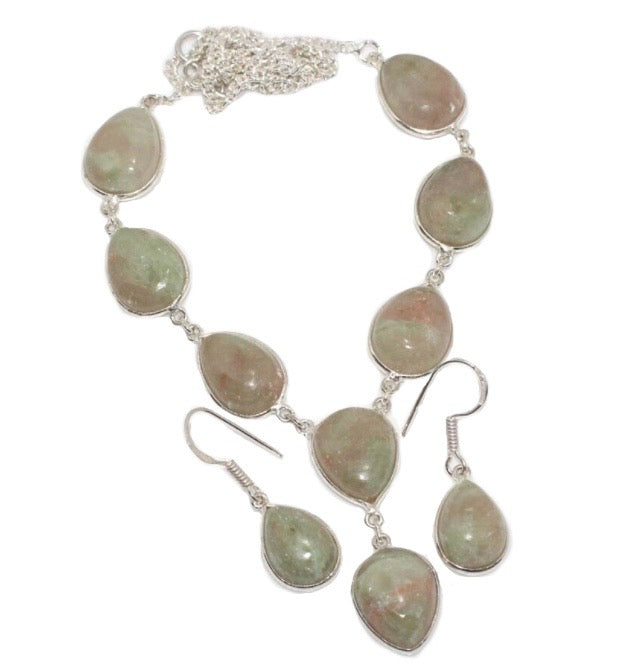 Natural Seraphinite Gemstone .925 Silver Necklace and Earrings Set - BELLADONNA