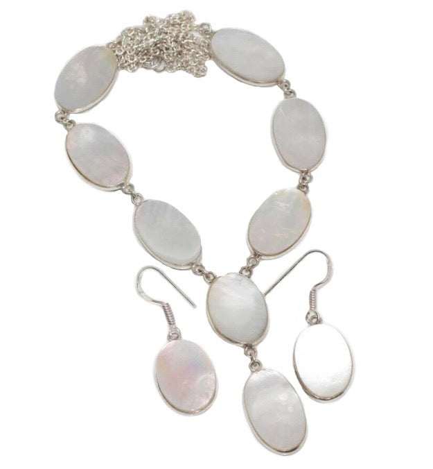 Natural Mother of Pearl. 925 Sterling Silver Necklace and Earrings Set - BELLADONNA