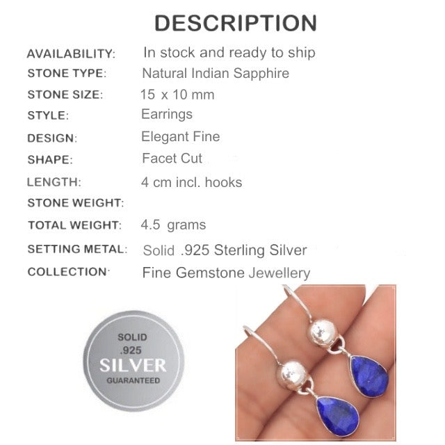 Natural Indian Blue Sapphire Gemstone Solid .925 Sterling Silver Earrings - BELLADONNA