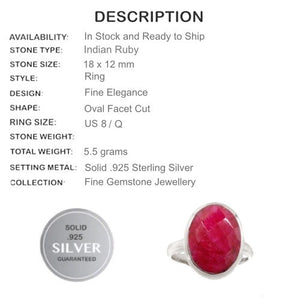 Natural Faceted Oval Ruby Gemstone  .925 Solid Sterling Silver Ring Size 8 - BELLADONNA