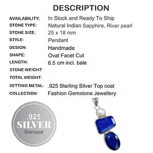 Natural Indian Sapphire Quartz, White River Pearl Gemstone 925 Silver Pendant - BELLADONNA