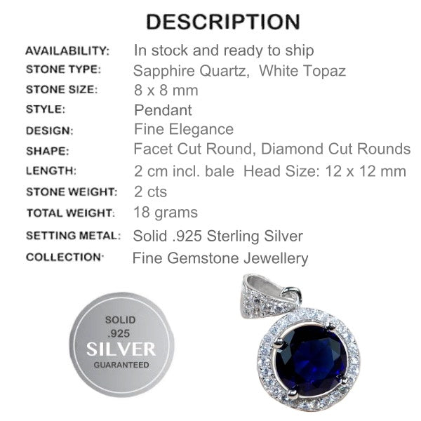 2 cts Sapphire Quartz, White Topaz In Solid.925 Sterling Silver Pendant - BELLADONNA