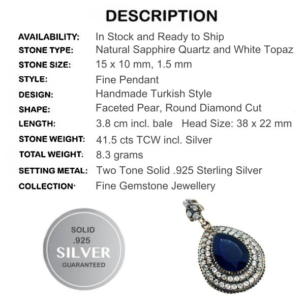 Two Tone Turkish Sapphire Quartz, White Topaz In Solid.925 Sterling Silver Pendant - BELLADONNA