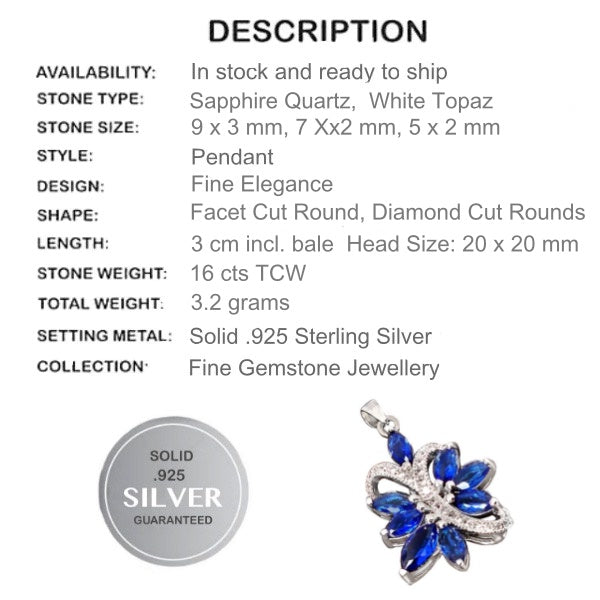 16 cts Sapphire Quartz, White Topaz In Solid.925 Sterling Silver Pendant - BELLADONNA