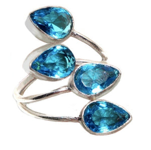 Trendy Faceted Blue Topaz Pear Gemstones .925 Sterling Silver Ring Adjustable Free Size - BELLADONNA