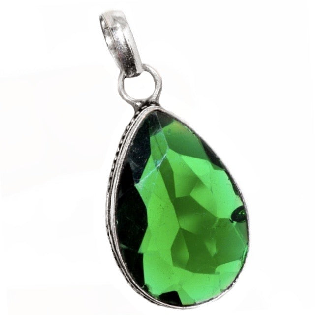 Antique Style Emerald Quartz Pear Shape Gemstone .925 Sterling Silver Pendant - BELLADONNA