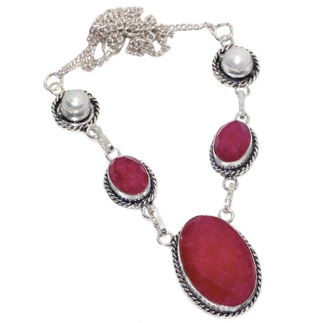 Natural Indian Cherry Ruby and White Pearl Gemstone Necklace Set In .925 Sterling Silver - BELLADONNA