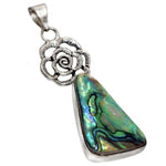 Natural New Zealand Abalone (Paua Shell) with Abstract Rose 925 Sterling Silver Pendant - BELLADONNA