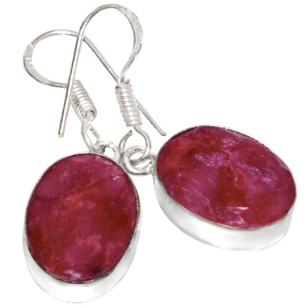 Natural Indian Cherry Ruby Oval Gemstone Set in .925 Silver Earrings - BELLADONNA