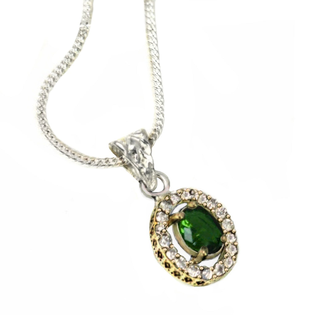 Two Tone Turkish Emerald, White Cubic Zirconia Gemstone .925 Sterling Silver Pendant + Chain - BELLADONNA