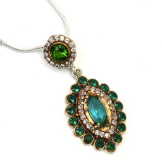 Two Tone Turkish Emerald, White Cubic Zirconia Gemstone .925 Sterling Silver Pendant + Chain - BELLADONNA