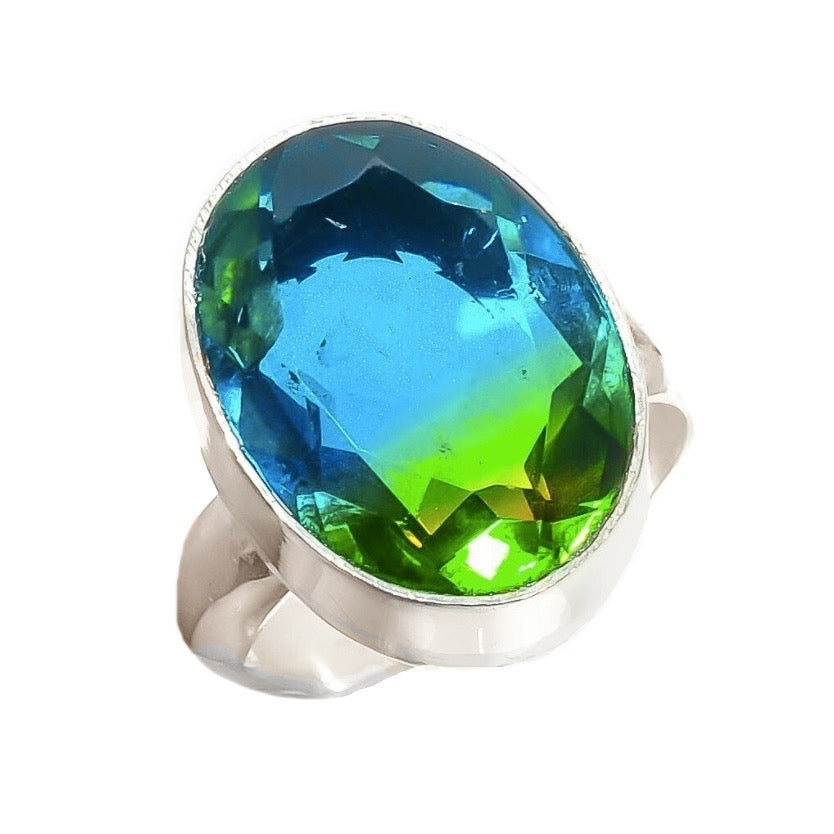Aqua Green Bi-Colour Tourmaline Gemstone .925 Silver Ring Size US 8 /Q - BELLADONNA