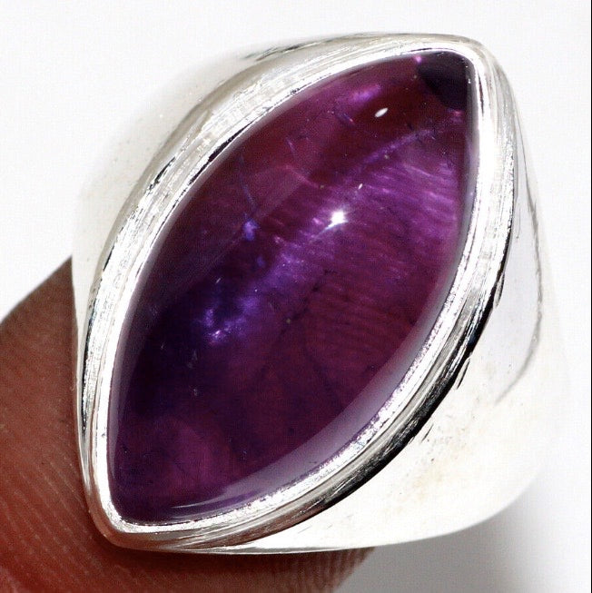 Handmade Natural Purple Amethyst Marquise Gemstone .925 Silver Ring Size US 9 or R 1/2 - BELLADONNA