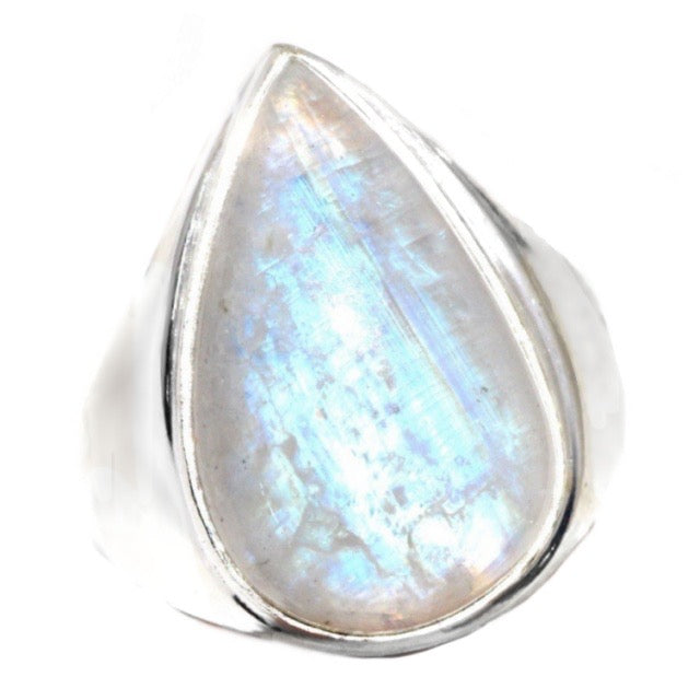 Natural Rainbow Moonstone Pear Gemstone .925 Sterling Silver Ring Size Us 8.5 or Q 1/2 - BELLADONNA