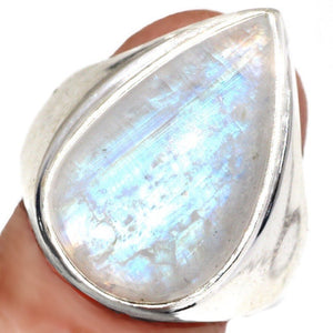 Natural Rainbow Moonstone Pear Gemstone .925 Sterling Silver Ring Size Us 8.5 or Q 1/2 - BELLADONNA