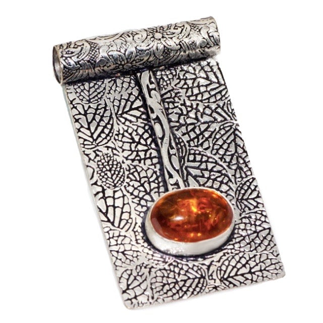 Handmade Antique Style Pressed Amber Gemstone and Embossed .925 Sterling Silver Pendant - BELLADONNA
