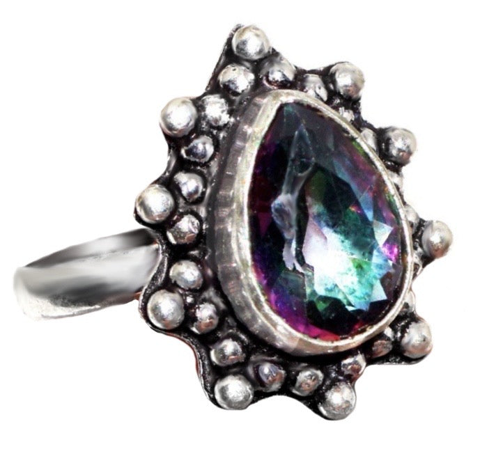 Handmade Dainty Mystic Rainbow Topaz Round Gemstone Ring .925 Sterling Silver. Size 5.5 or L - BELLADONNA