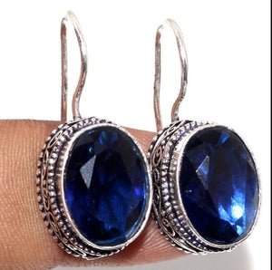 Handmade Antique Style Sapphire Quartz Gemstone 925 Silver Earrings - BELLADONNA