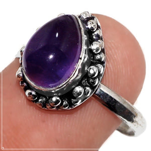 Dainty Handmade Purple Amethyst Pear Gemstone .925 Silver Ring Size US 8.5 / Q 1/2 - BELLADONNA