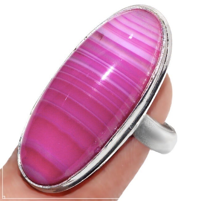 Natural Pink Lace Botswana Agate Oval Gemstone .925 Sterling Silver Ring Size 8 / Q - BELLADONNA
