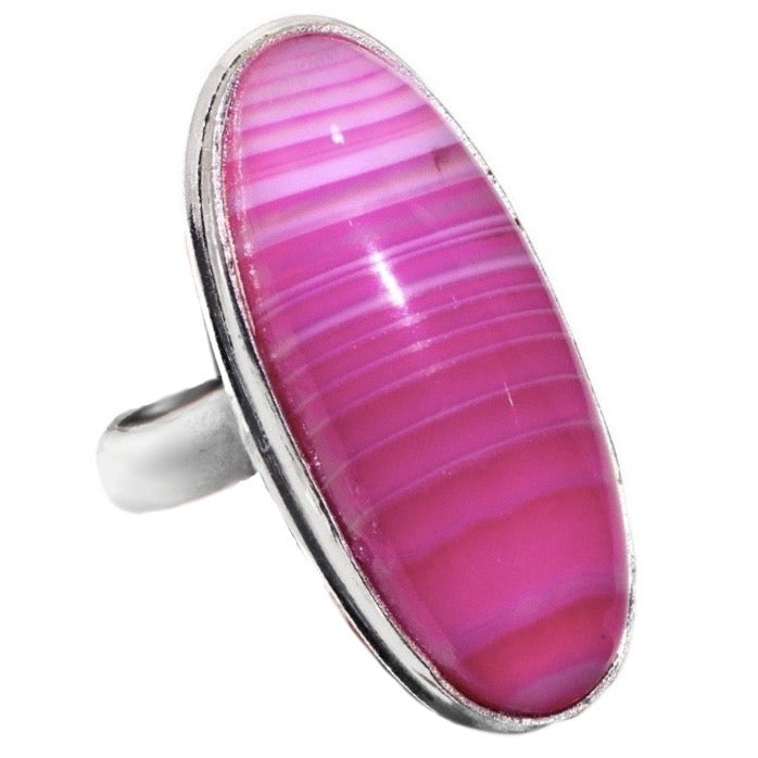 Natural Pink Lace Botswana Agate Oval Gemstone .925 Sterling Silver Ring Size 8 / Q - BELLADONNA