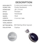 Antique Style Purple Sandstone Oval Cabochon set in .925 Sterling Silver Pendant - BELLADONNA