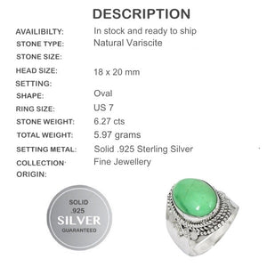 6.27 cts Natural Variscite Cabochon Gemstone Solid .925 Sterling Silver Ring Size: 7 - BELLADONNA