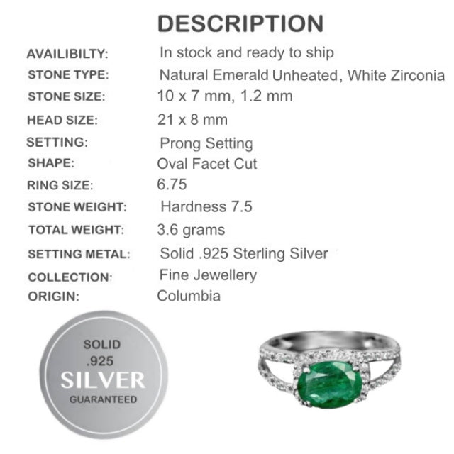 25.80ct Natural Colombian Emerald, Cubic Zirconia Solid .925 Silver White Gold sz 6.75 - BELLADONNA