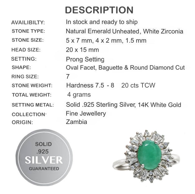 AAA Natural Zambian Emerald, Cubic Zirconia Solid .925 Sterling Silver Ring Size 7 or O - BELLADONNA