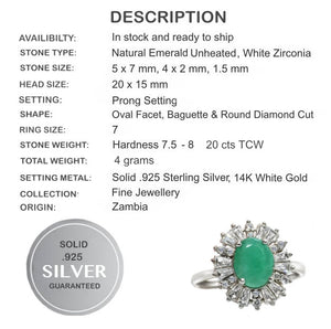 AAA Natural Zambian Emerald, Cubic Zirconia Solid .925 Sterling Silver Ring Size 7 or O - BELLADONNA