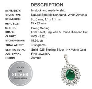 Earth mined Zambian Emerald ,White CZ Gemstone In Solid .925 Silver Pendant - BELLADONNA