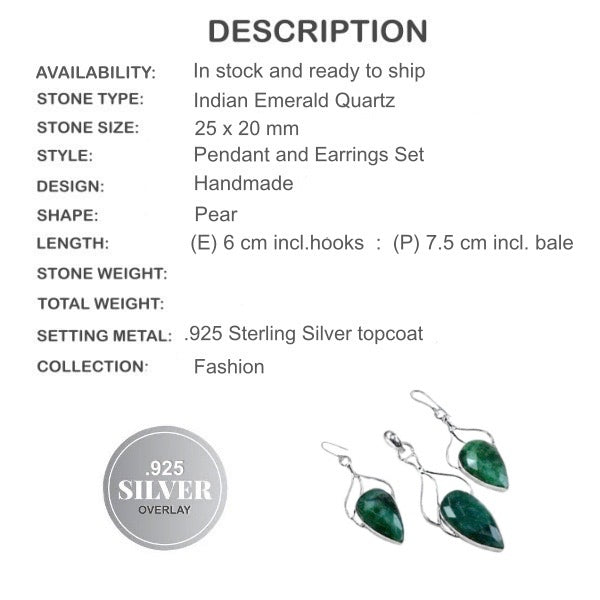 AAA+ Natural Indian Emerald Gemstone .925 Silver Pendant & Earrings Set - BELLADONNA
