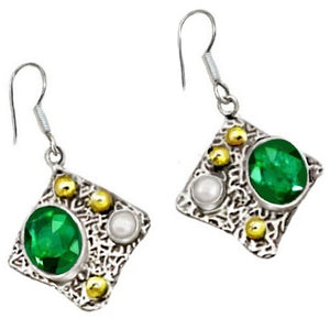 Two tone Natural Emerald, Pearl Gemstone In Solid .925 Sterling Silver Earrings - BELLADONNA