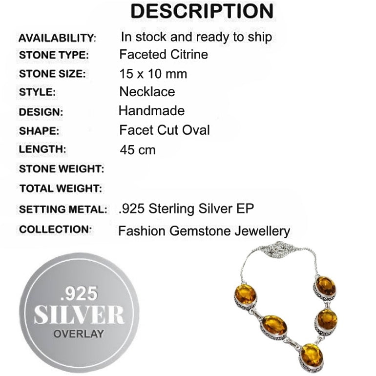 HandmadeFaceted Citrine Oval Gemstones .925 Silver Necklace - BELLADONNA