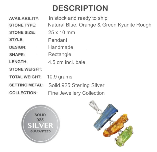 Natural Blue, Yellow, Green Kyanite Gemstone Solid .925 Sterling Silver Pendant - BELLADONNA