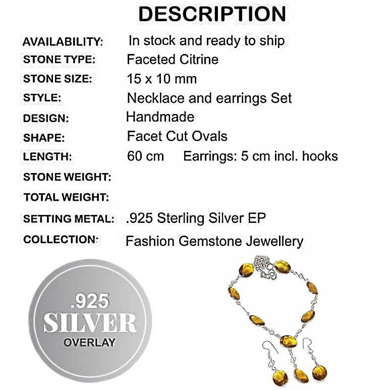 Elegant Citrine Gemstone .925 Silver Necklace And Earrings Set - BELLADONNA