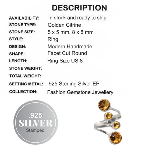 Handmade Golden Citrine Gemstone .925 Silver Ring Size 8 - BELLADONNA