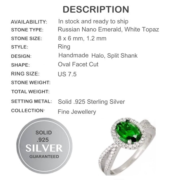 3.88 Cts Emerald , White Topaz Solid .925 Sterling Silver Size 7.5 - BELLADONNA