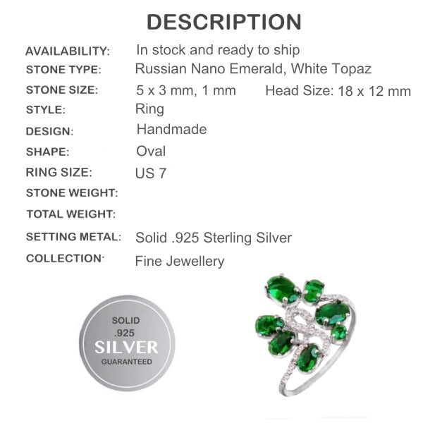 Russian Nano Emerald , White Topaz Solid .925 Sterling Silver Size 7 - BELLADONNA