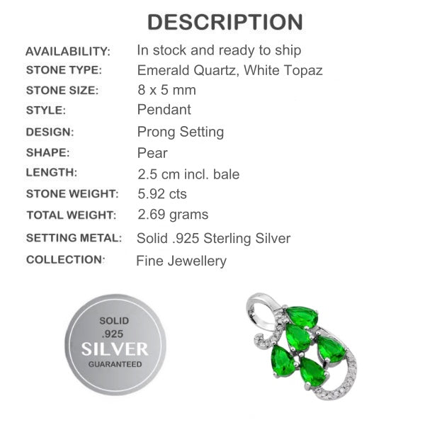 Emerald , White Topaz Gemstone In Solid .925 Silver Pendant - BELLADONNA