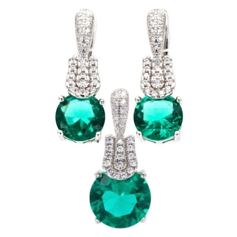AAA+ Green & White Cz Gemstone Solid .925 Silver Pendant & Earrings - BELLADONNA
