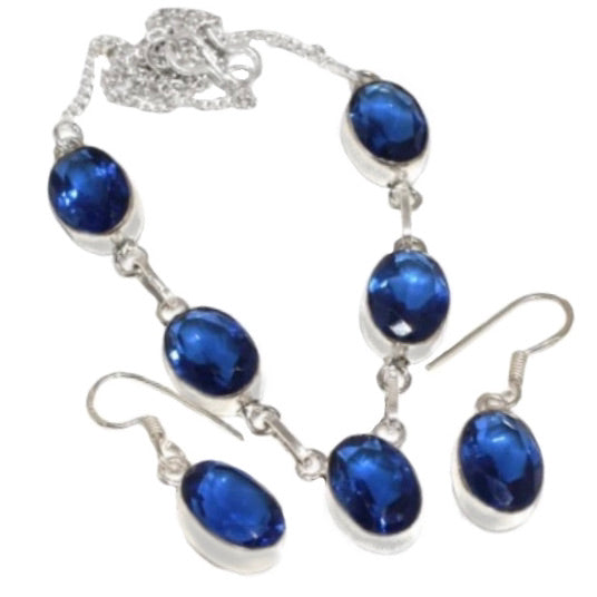 Dainty Sapphire Blue Quartz Gemstone .925 Silver Necklace and Earrings Set - BELLADONNA