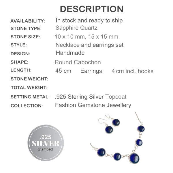 Sapphire Blue Quartz Gemstone .925 Silver Necklace and Earrings Set - BELLADONNA
